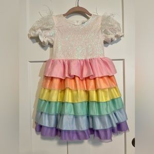 Lola & the Boys Rainbow tiered dress with feathers on shoulders